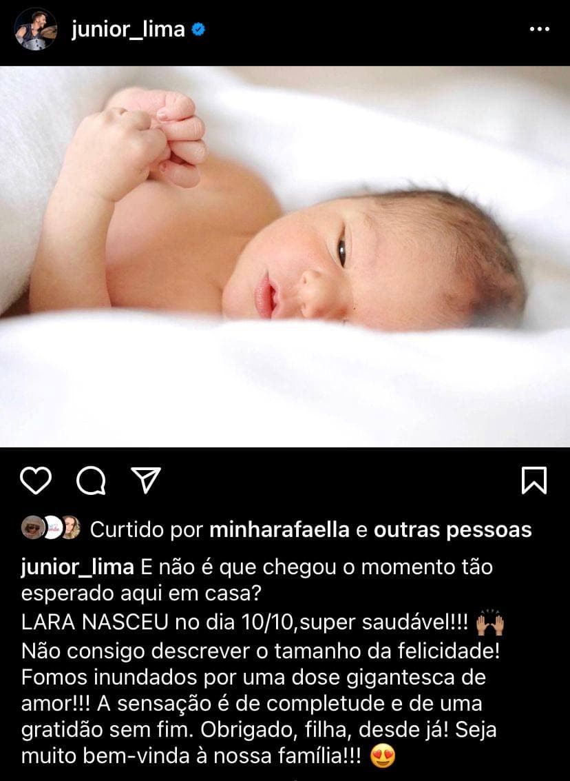 Junior Lima anuncia o nascimento de Lara (Foto: Reprodução / Instagram)