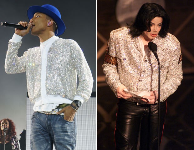 Pharrell Williams se apresenta com cardigã feito de cristais swarovski e é comparada a Michael Jackson (Foto: Divulgação/Getty Images)