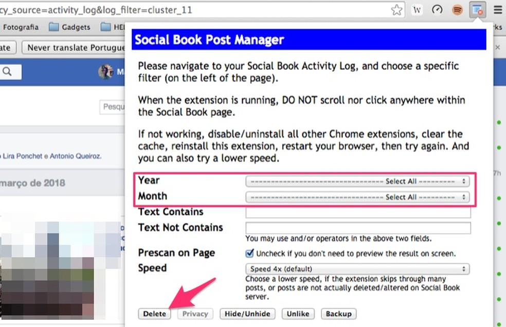 Configuração para deletar todos os posts do Facebook com a extensão Social Book Post Manager — Foto: Reprodução/Marvin Costa