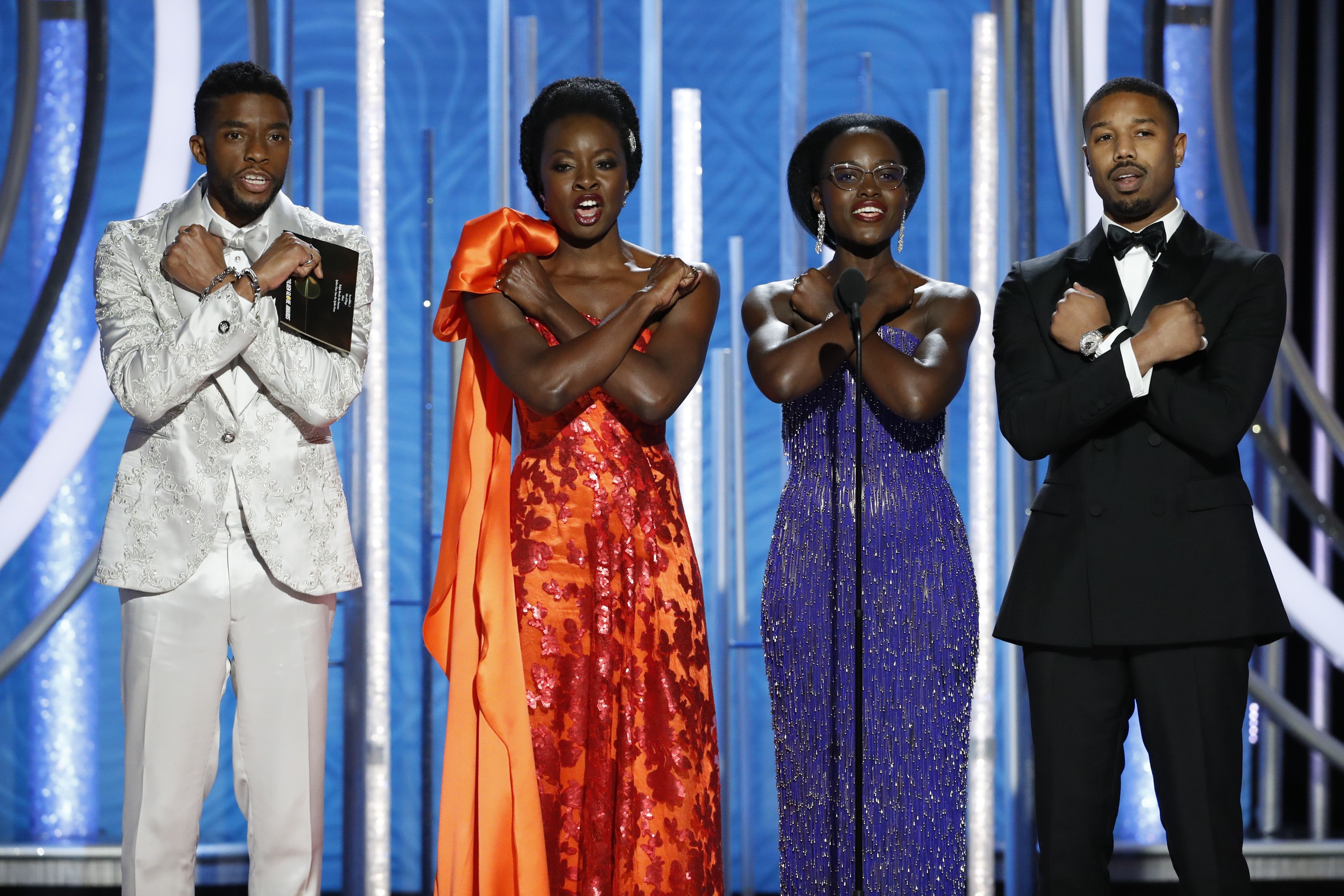 Chadwick Boseman, Danai Gurira, Lupita Nyong'o e Michael B. Jordan falam no palco durante a 76ª edição do Golden Globe Awards no The Beverly Hilton Hotel em 6 de janeiro de 2019 em Beverly Hills, Califórnia. (Foto: Getty Images)