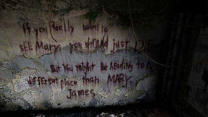 Silent Hill 2: James deve ver objetos e ler frases que influenciem pensamentos suicidas (Foto: Reprodução/Youtube)