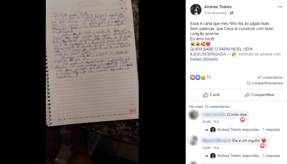 Carta do Rafael foi postada nas redes sociais e muitas pessoas compartilharam o pedido de Natal — Foto: Facebook/Reprodução