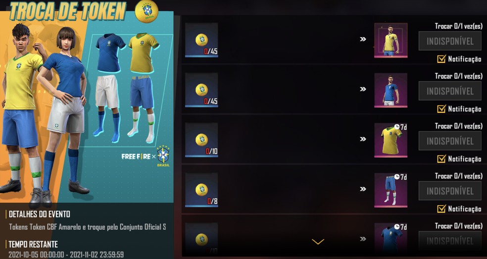 Itens disponíveis por meio de Tokens CBF Amarelo — Foto: Reprodução/Free Fire