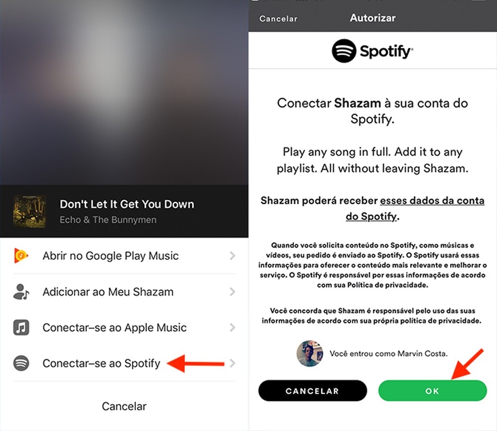 Ouvir a música do Shazam no app Spotify — Foto: Reprodução/Marvin Costa