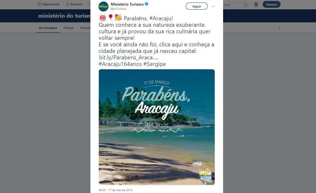 Governo Federal usa foto da Bahia em homenagem ao aniversário de Aracaju (Foto: Reprodução / Twitter)