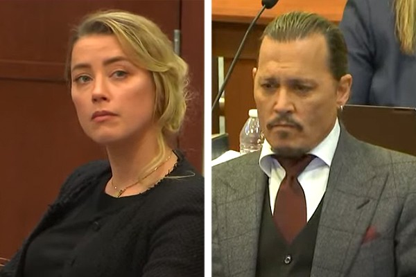 Amber Heard e Johnny Depp em julgamento no tribunal de Fairfax, na Virgínia (Foto: reprodução )