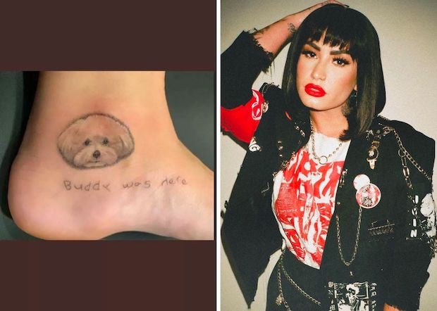 Tatuagem da Demi Lovato em homenagem ao seu cachorro (Foto: Twitter/ @harperleigh_/ Reprodução | Instagram/ @ddlovato/ Reprodução)