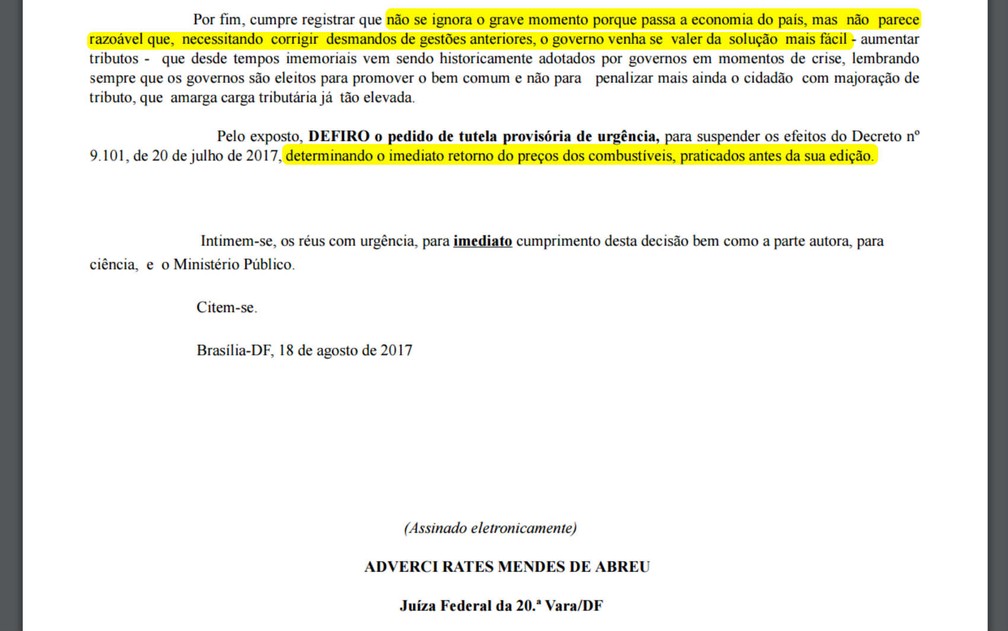 Trecho da decisão da 20ª Vara Federal que suspendeu alta dos impostos sobre combustíveis (Foto: Justiça Federal/Reprodução)