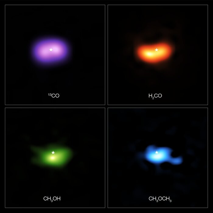 Imagens do Atacama Large Millimeter/submillimeter Array (ALMA) mostram onde várias moléculas de gás foram encontradas no disco ao redor da estrela IRS 48 (Foto: ALMA (ESO/NAOJ/NRAO)/A. Pohl, van der Marel et al., Brunken et al.)