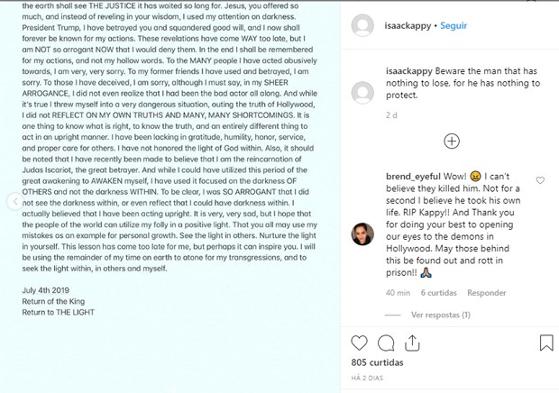 Carta de despedida do ator Isaac Kappy (Foto: Reprodução/Instagram)