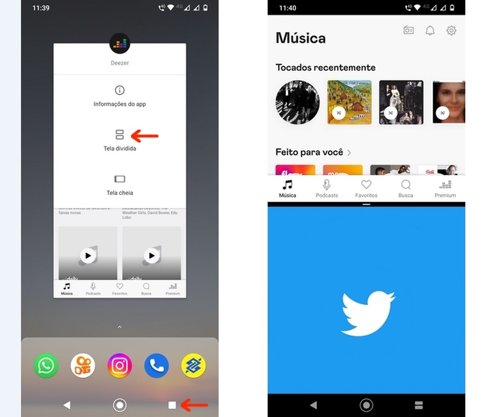 Recurso de dividir tela para usar dois apps ao mesmo tempo no Android  — Foto: Reprodução/Raquel Freire