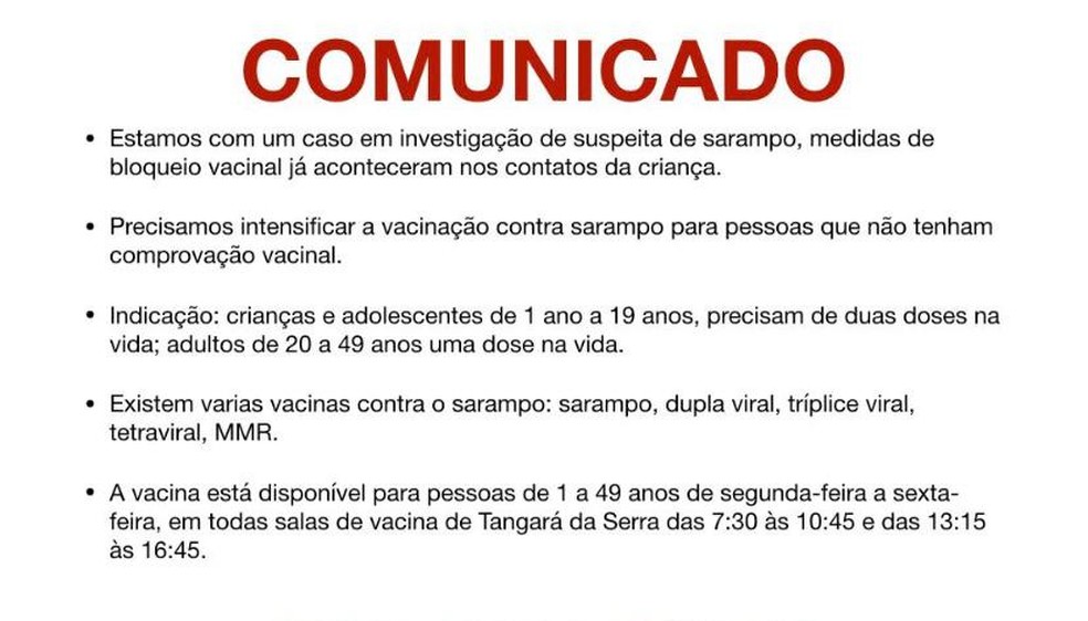Prefeitura emitiu comunicado para vacinação da população — Foto: Divulgação