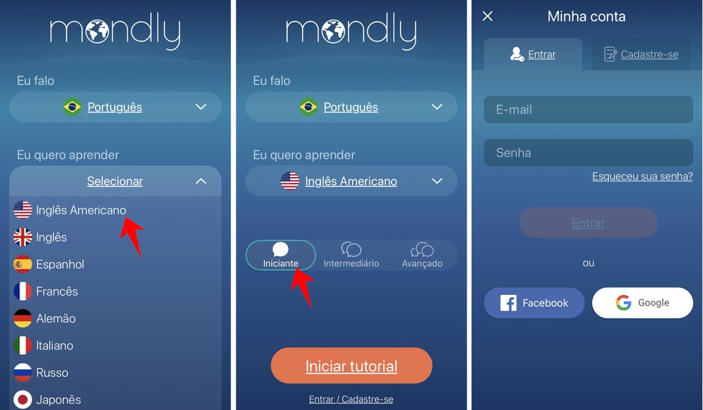 Selecione um idioma estrangeiro para aprender pelo app Mondly — Foto: Reprodução/Rodrigo Fernandes