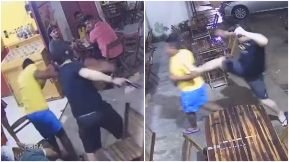 Armado, policial afastado ameaça e agride homem em estabelecimento em Cascavel, no Ceará — Foto: TV Verdes Mares/Reprodução