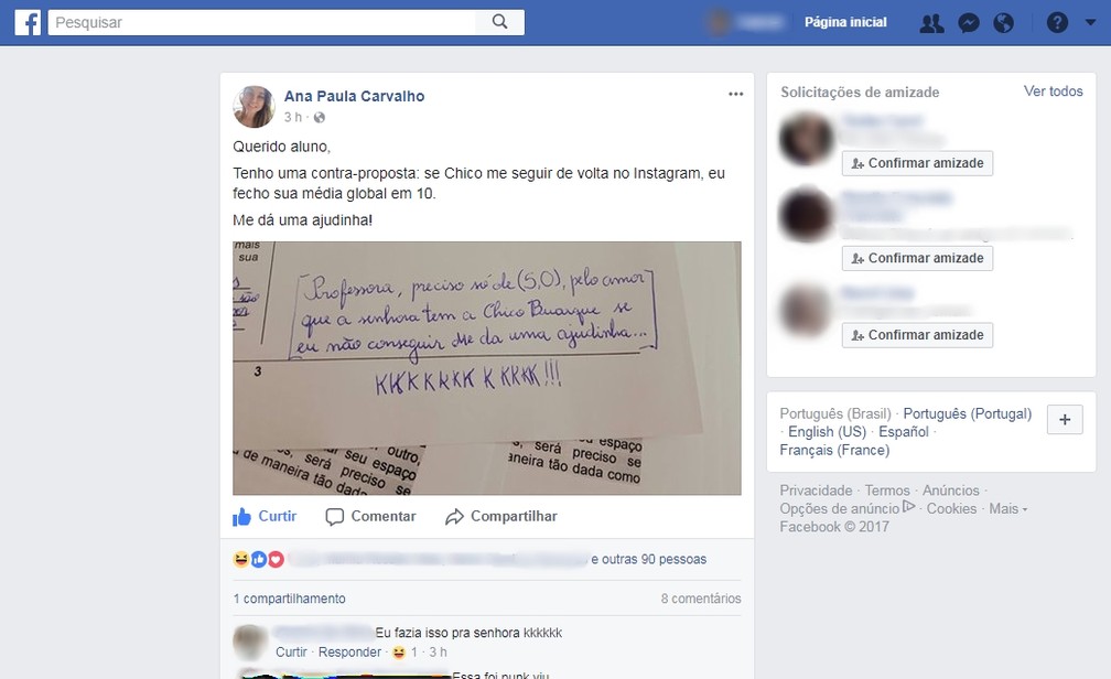 Aluno da PB pede 'ajudinha' em prova pelo amor que professora tem a Chico Buarque (Foto: Reprodução/Facebook)