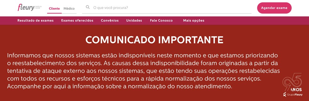 Site do grupo Fleury nesta terça-feira (22) avisa sobre 'ataque externo' — Foto: Reprodução