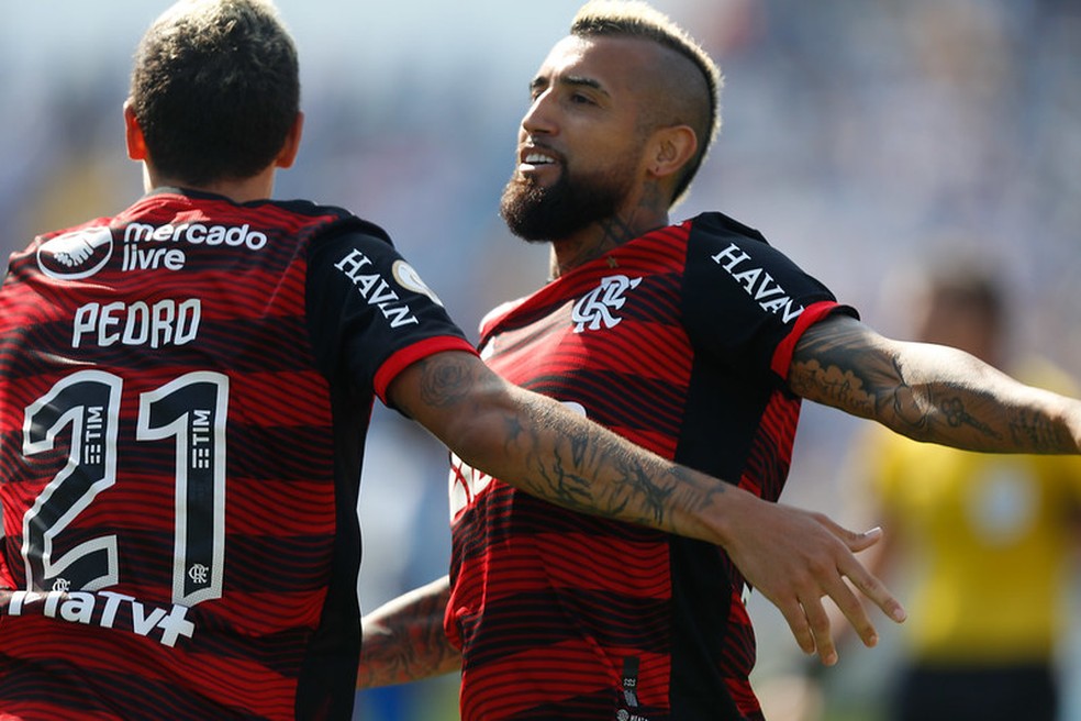 Vidal comemora gol com Pedro, Avaí x Flamengo, Brasileirão — Foto: Divulgação: Gilvan de Souza/Flamengo