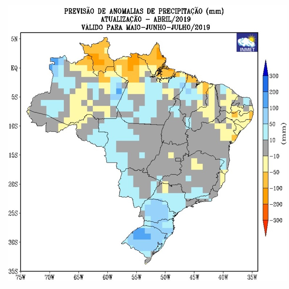 Mapa indica que a previsão de chuvas para Rondônia (coloração amarela, cinza e azul) está entre a média e abaixo da média.  — Foto: Inmet/Reprodução