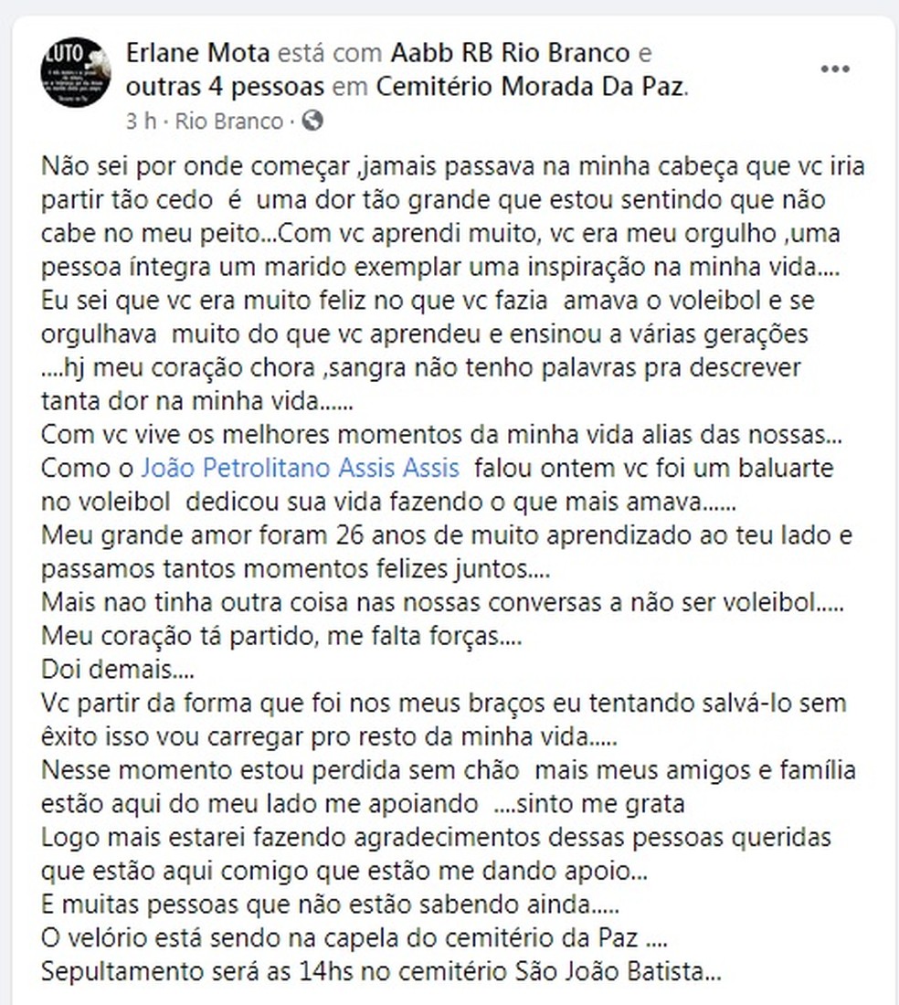 Técnica Erlane Mota publica texto após morte de marido — Foto: Reprodução/Facebook