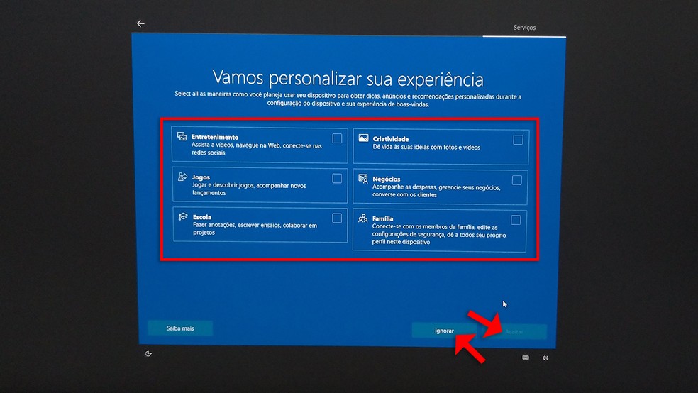 Para personalizar a experiência do usuário, a configuração do Windows questiona acerca do tipo de uso do computador em que o sistema está sendo instalado — Foto: Reprodução/Rafael Leite