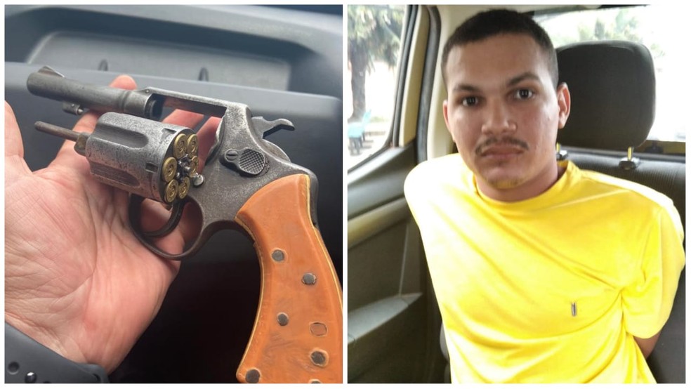 Revólver com munições foi apreendido com adolescente de 17 anos. Raelson dos Santos Pereira (camisa amarela) foi preso — Foto: Reprodução