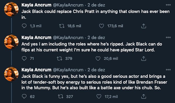 Alguns dos tuítes com as comparações entre Chris Pratt e Jack Black (Foto: Twitter)