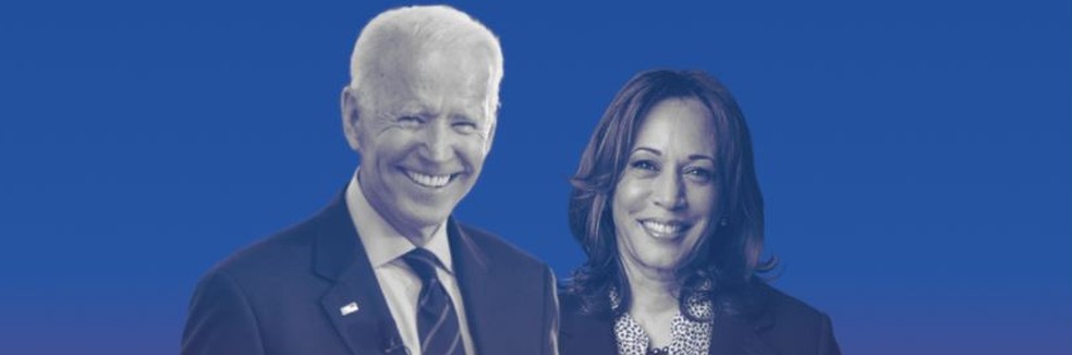Site oficial da campanha de Joe Biden já mostra foto da candidata a vice, Kamala Harris, cujo nome já aparece no logo oficial — Foto: Reprodução