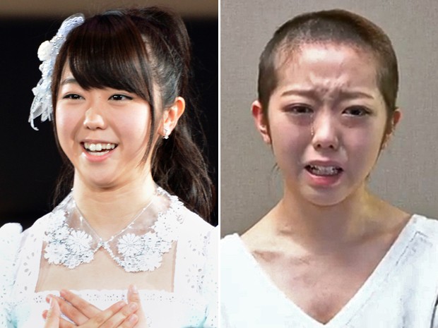 À esquerda, Minami Minegishi em foto de junho de 2012, e, à direita, em imagem de quinta-feira (31), em vídeo  (Foto: AFP/Toshifumi Kitamura e AFP/AKB48/YouTube)