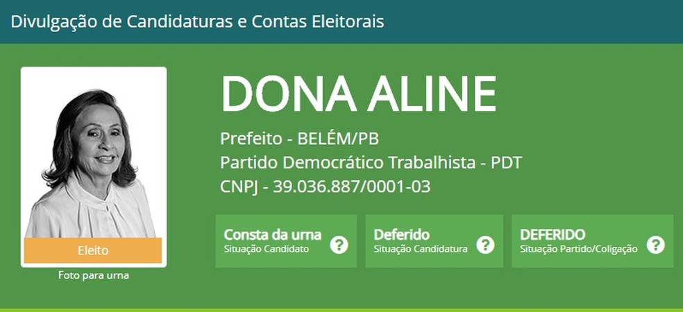 Dona Aline é a prefeita eleita mais velha da Paraíba — Foto: TSE/Reprodução