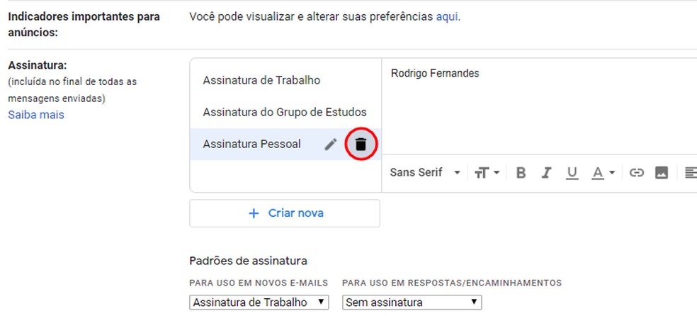 Excluindo uma assinatura do Gmail — Foto: Reprodução/Rodrigo Fernandes