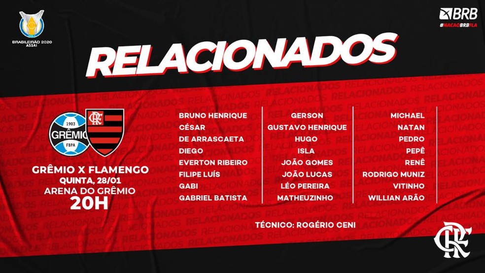 Os relacionados do Flamengo para o jogo — Foto: Reprodução
