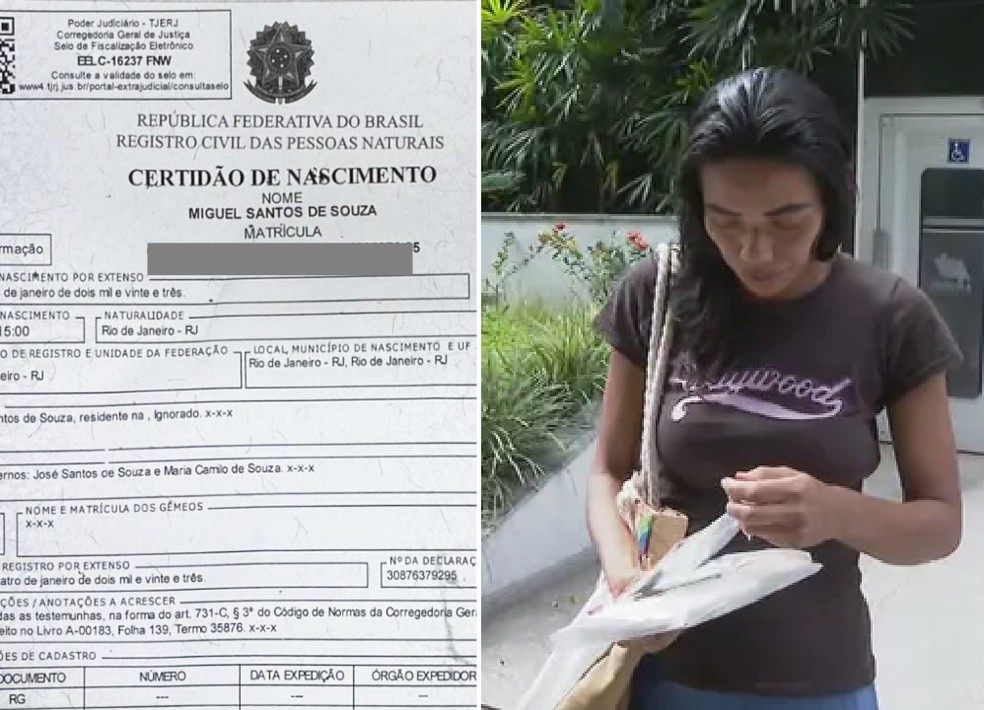 A certidão de Miguel: bebê está registrado no nome da mãe porque o pai ainda não tem documentos — Foto: Arquivo pessoal