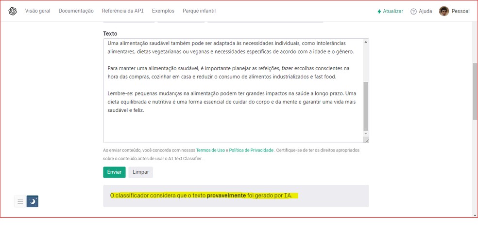 AI Text Classifier verificou que o texto provavelmente foi escrito por IA — Foto: Reprodução/Ana Julia Vaz