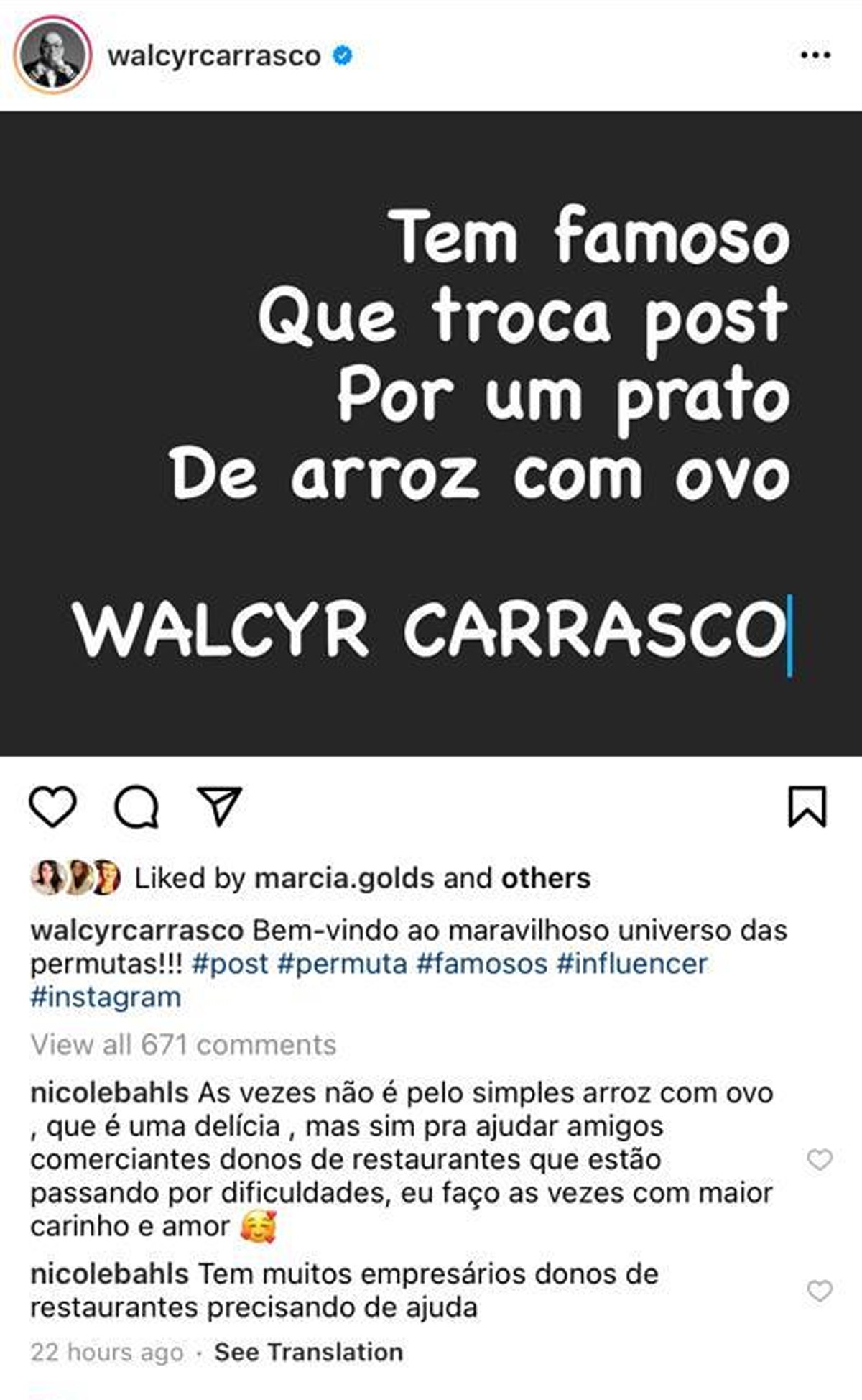 Walcyr Carrasco posta e Nicole Bahs rebate (Foto: Reprodução/Instagram)