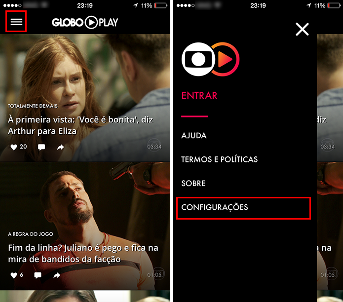 Abra o menu lateral do Globo Play para iPhone e acesse as configurações (Foto: Reprodução/Paulo Alves)