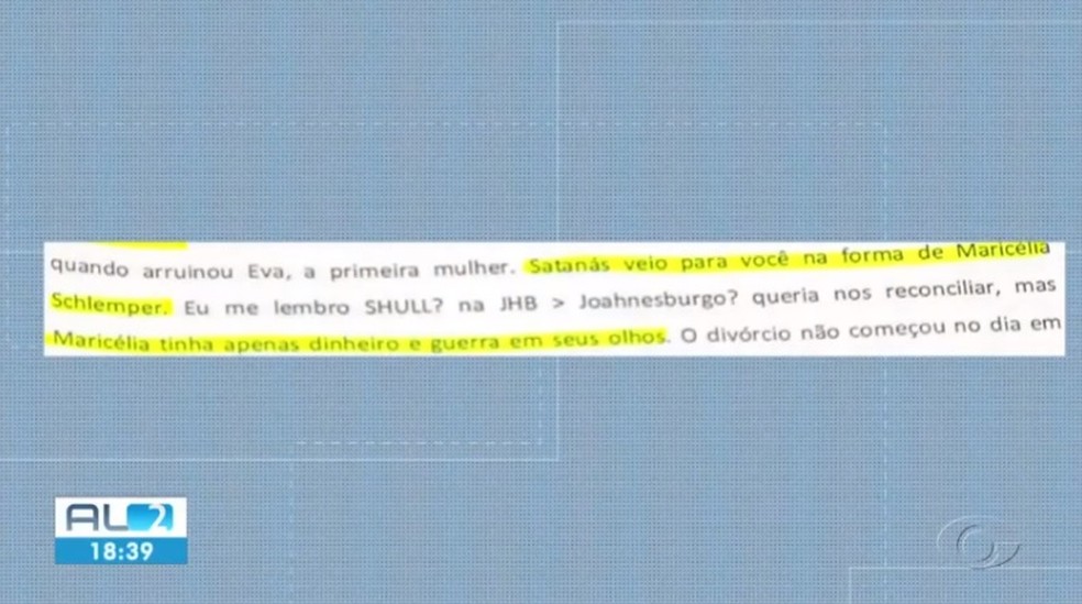Trecho de carta escrita por italiano preso por ter matado esposo de advogada em frente ao Fórum de Maceió — Foto: Reprodução/TV Gazeta