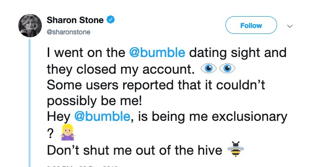 O post de Sharon Stone lamentando o bloqueio do qual foi vítima no aplicativo de relacionamentos  (Foto: Twitter)