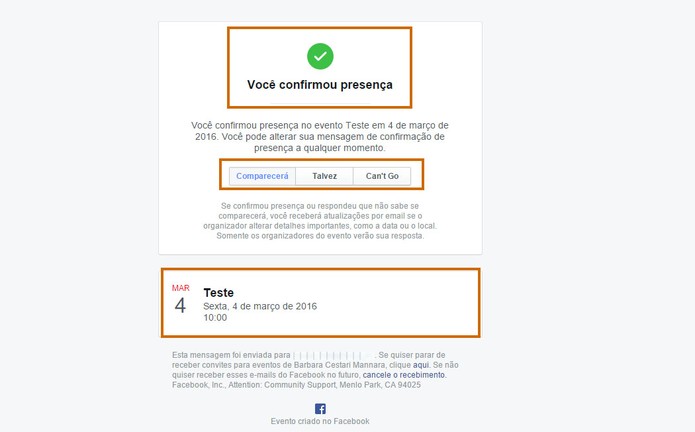 Mensagem de confirmação é exibida na tela do convidado com os dados do evento do Facebook (Foto: Reprodução/Barbara Mannara)