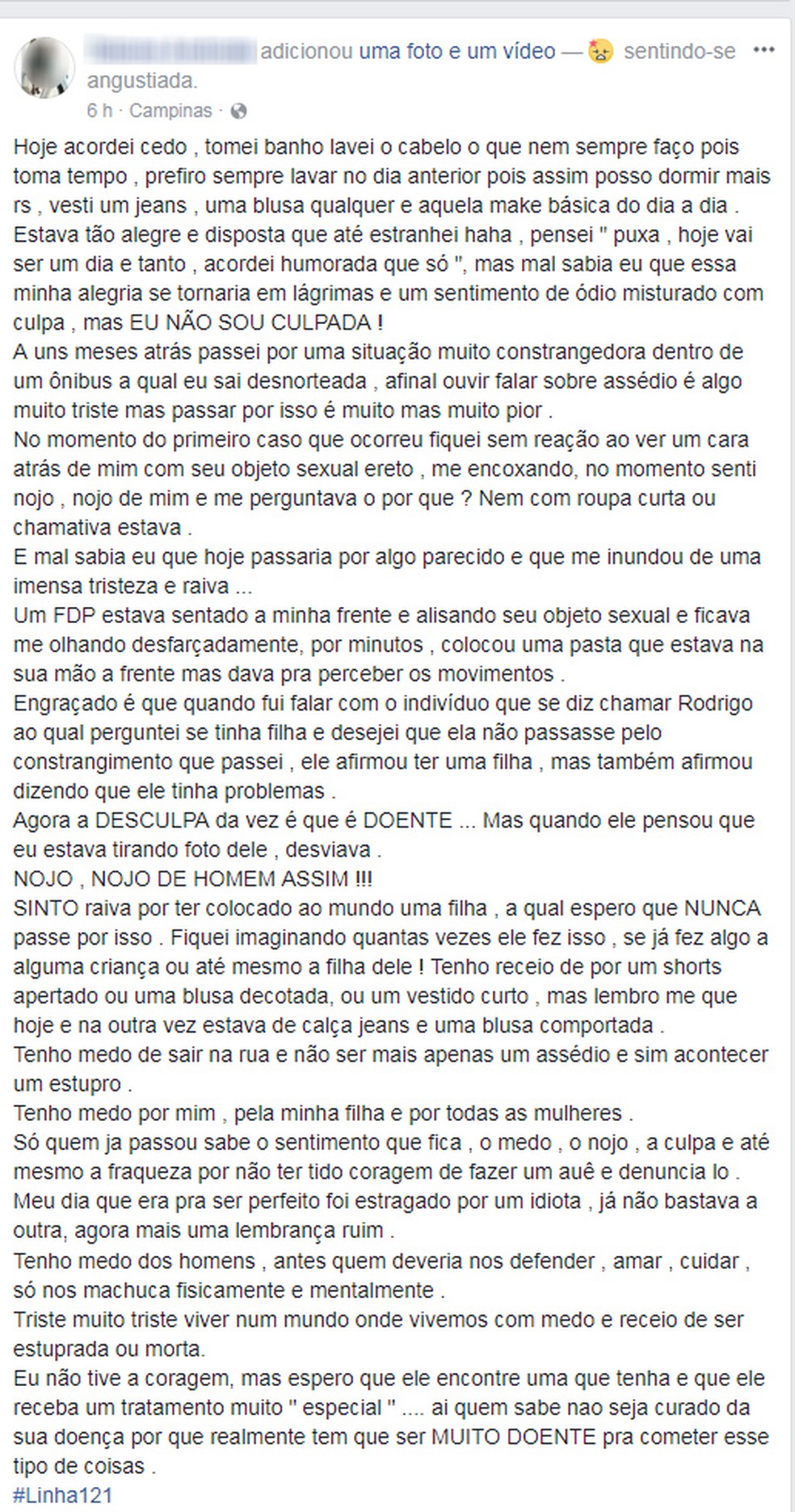 Jovem relata situação constrangedora que enfrentou na linha do transporte público de Campinas (SP) na manhã desta quarta-feira (31) (Foto: Reprodução/Facebook)