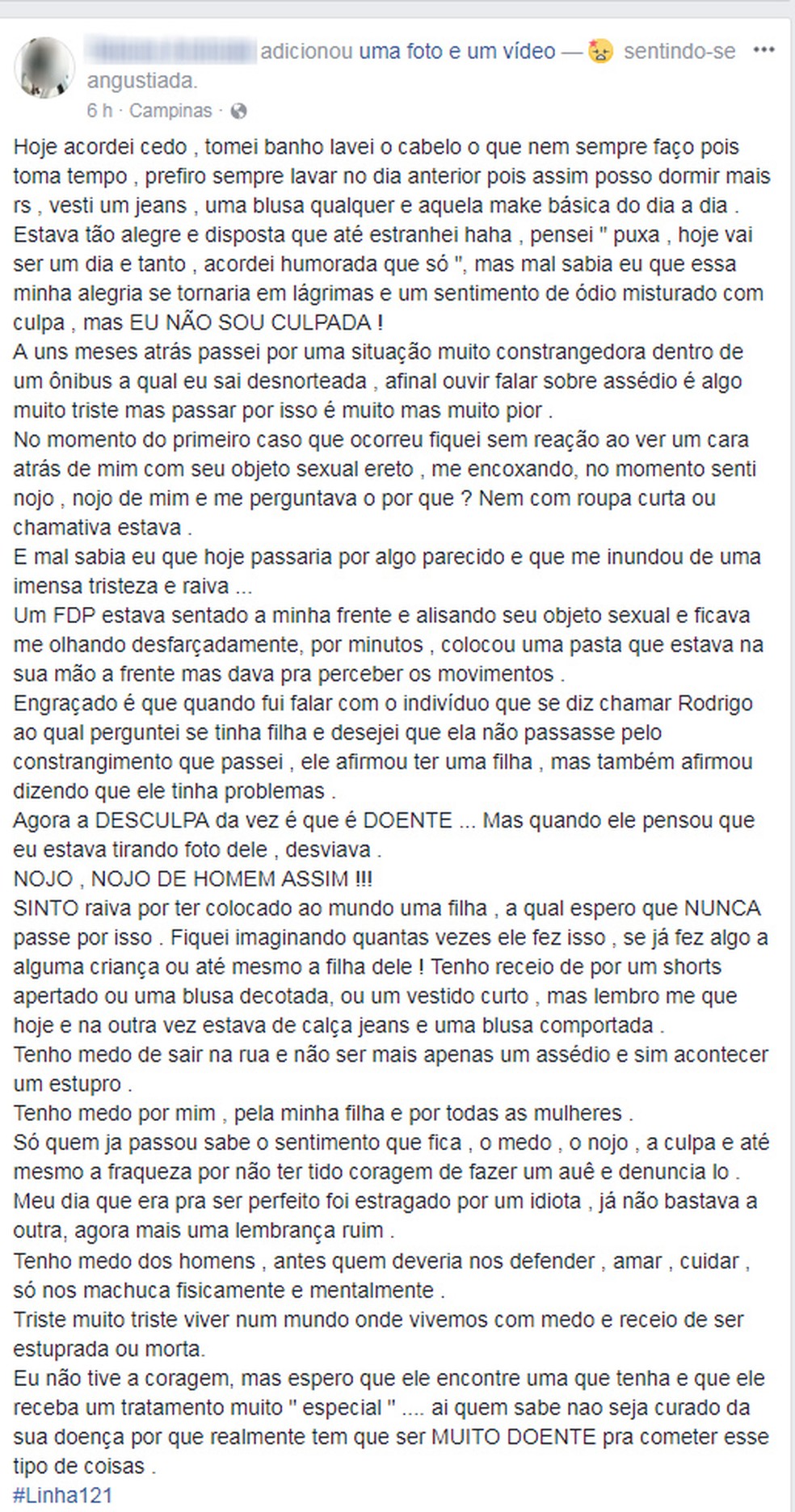 Jovem relata situação constrangedora que enfrentou na linha do transporte público de Campinas (SP) na manhã desta quarta-feira (31) (Foto: Reprodução/Facebook)