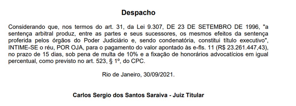 Despacho em ação judicial do Galo contra Fred — Foto: Reprodução 