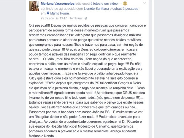 Mãe relatou como menino sofreu queimaduras ao brincar com balão, em Goiás (Foto: Reprodução/Facebook)