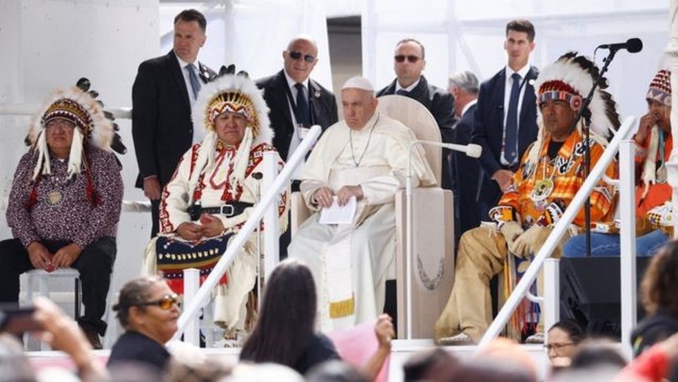 Pope Francis addresses a meeting with Indigenous First Nations, Métis and Inuit communities in Maskwacis, Alberta, Canada.