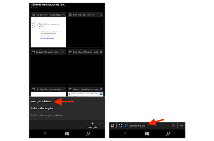 Iniciando uma nova janela InPrivate no Microsoft Edge do Windows 10 Mobile (Foto: Reprodução/Marvin Costa)