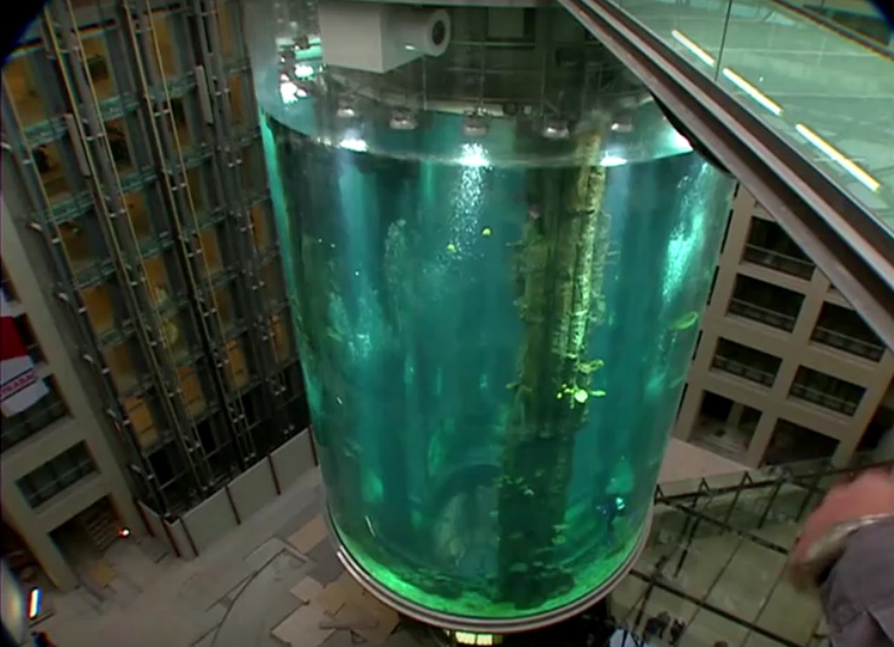 Imagem mostra aquário gigante antes de vidro estourar, em Berlim, na Alemanha — Foto: Reprodução
