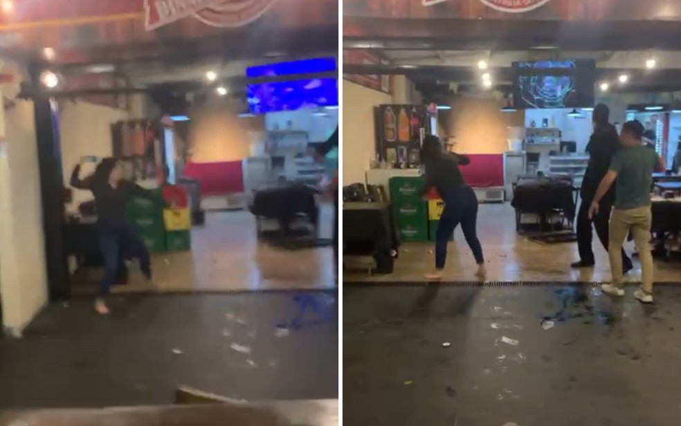 Imagem mostra quando mulher atira objeto e quebra televisão em bar de Goiânia, Goiás — Foto: Arquivo pessoal/Heitor Caobianco