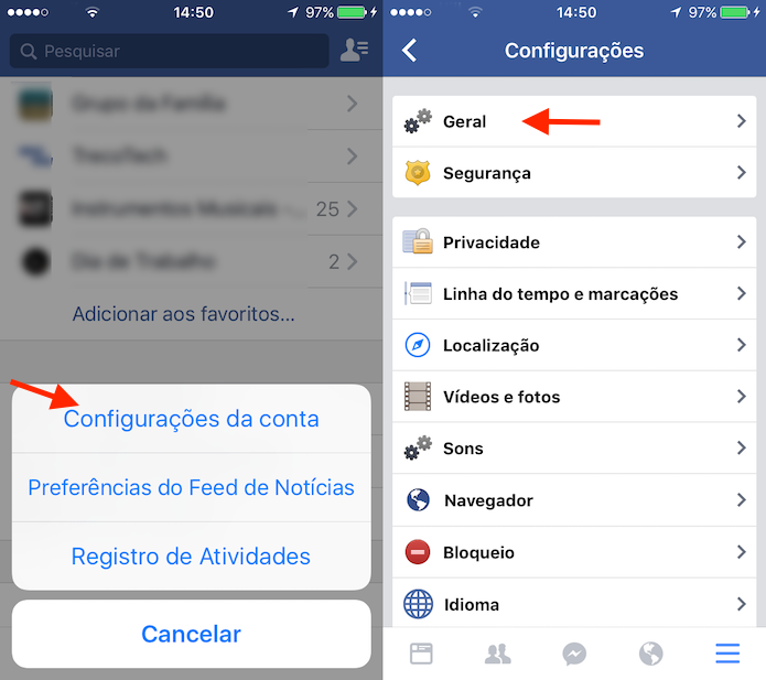 Opção para acessar as configurações gerais de uma conta do Facebook pelo celular (Foto: Reprodução/Marvin Costa)