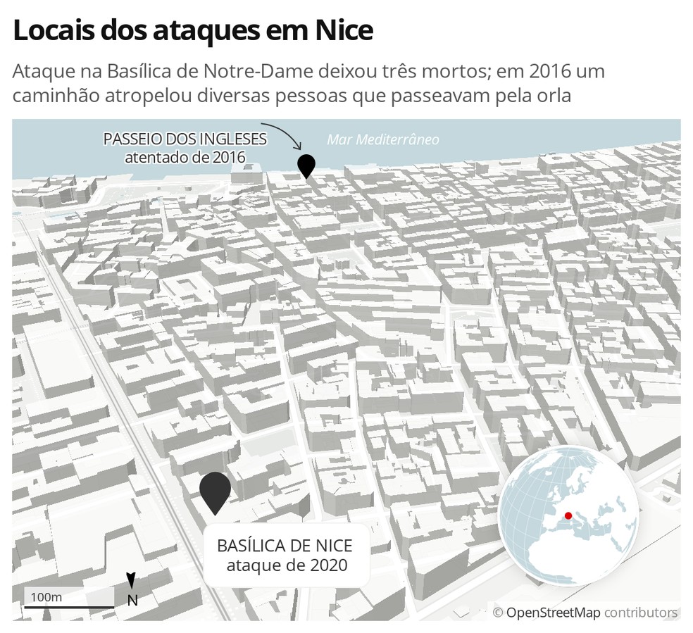 Mapa da cidade de Nice, na França, mostra os locais de dois atentados, o de 2016 e o de 2020 — Foto: G1