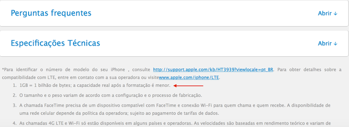 Página oficial do iPhone 5S apresenta aviso sobre espaço interno (Foto: Divulgação/Apple)
