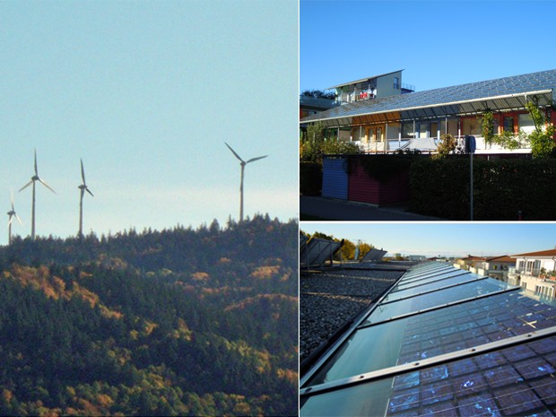 À esquerda, exemplos de turbinas de energia eólica que funcionam em regiões da Alemanha; à direita, casas sustentáveis que são abastecidas com luz solar em bairro de Freiburg (Foto: Eduardo Carvalho/Globo Natureza)